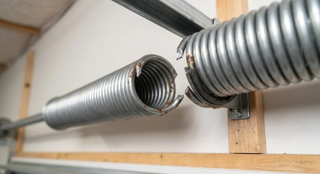A close-up view of a broken metal torsion rod showcasing damaged Garage Door Springs.