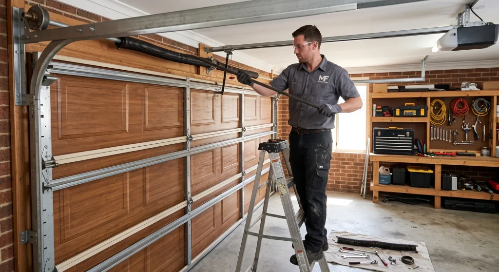 A technician on a stepladder adjusting tension on Garage Door Springs in Niles, IL.