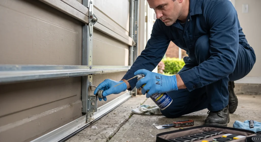 A technician applying spray grease directly to door rollers using specialized Garage Door Lubricant.