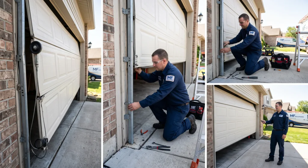 A collage showing a technician inspecting and realigning a Garage Door Off Track.