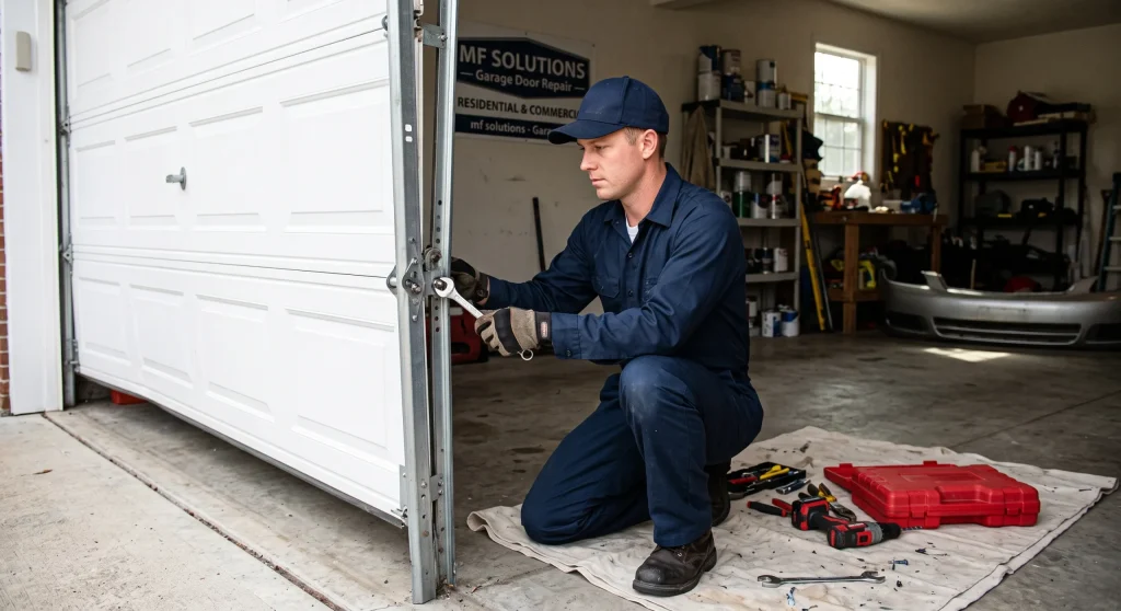 A technician using a wrench to realign track brackets during a Garage Door Off Track Repair.