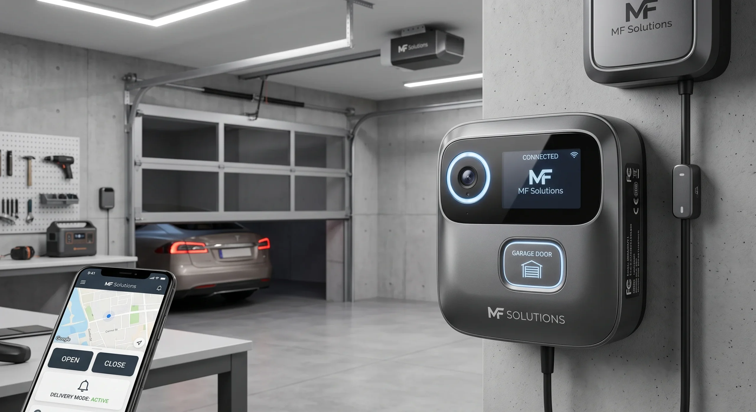 A wall-mounted controller with a camera lens and smartphone app setup completing a Smart Garage Door Opener Installation.
