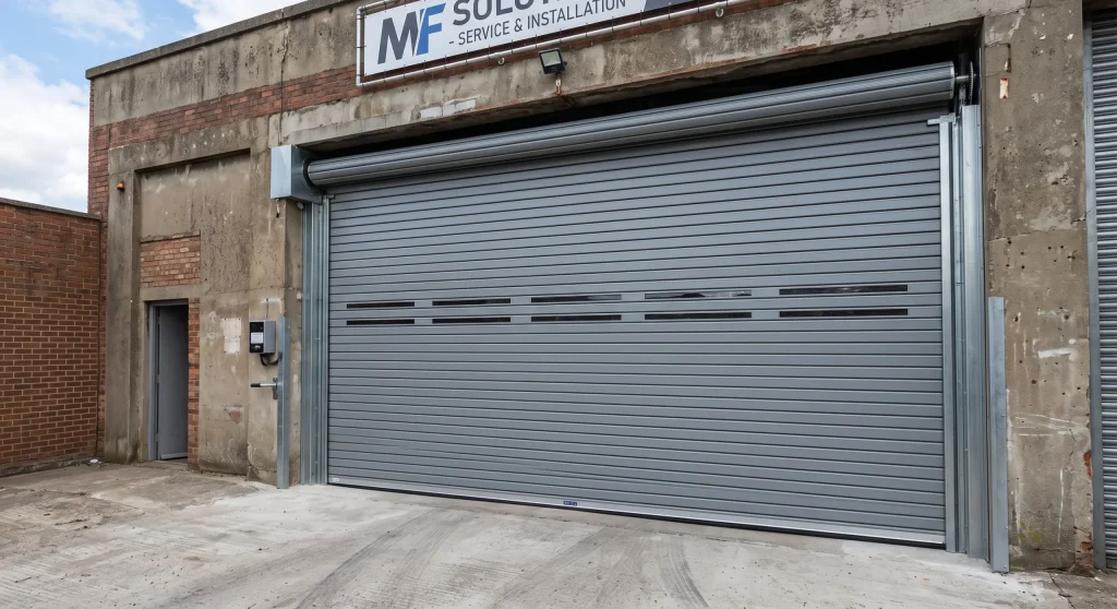 A large grey industrial security shutter installed on a concrete building frame for a Commercial Roll-Up Gate.