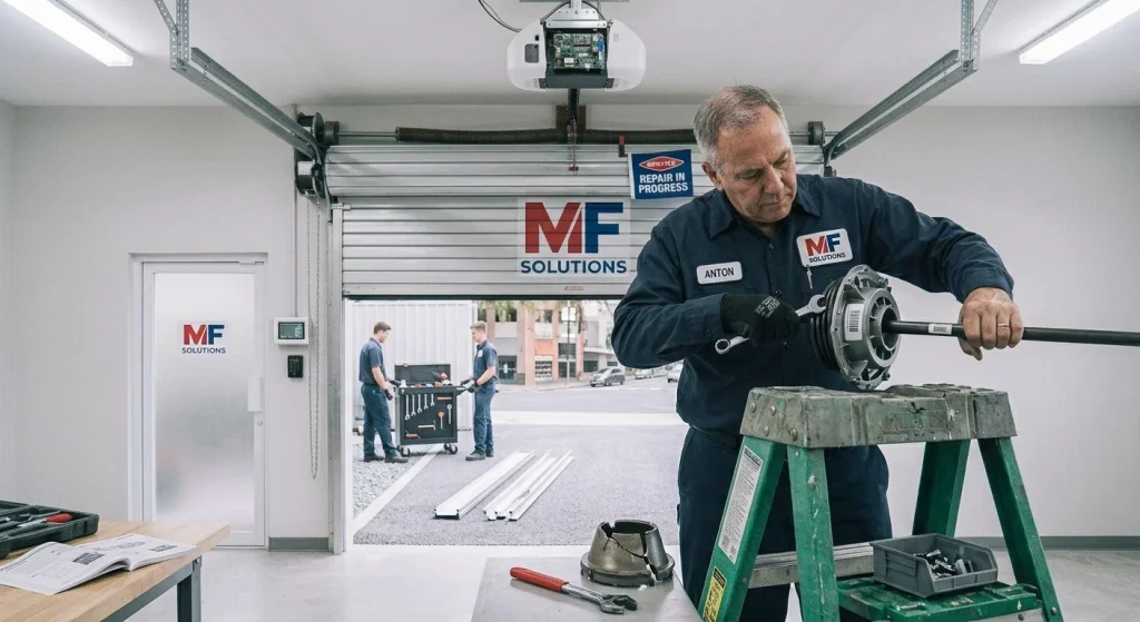 A technician using a wrench on a drive assembly while performing Maintenance for Roll-Up Gates.