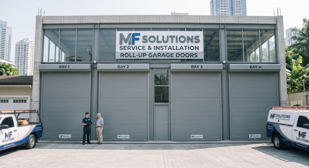 A service technician talking to a customer outside a facility featuring commercial bays for Roll-Up Door Repair in Niles, IL.