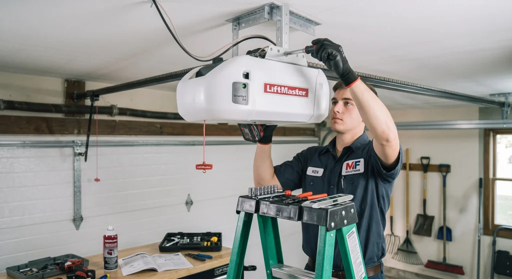 A service technician working on a overhead unit housing during a job to Replace Garage Door Opener Battery in Niles, IL.