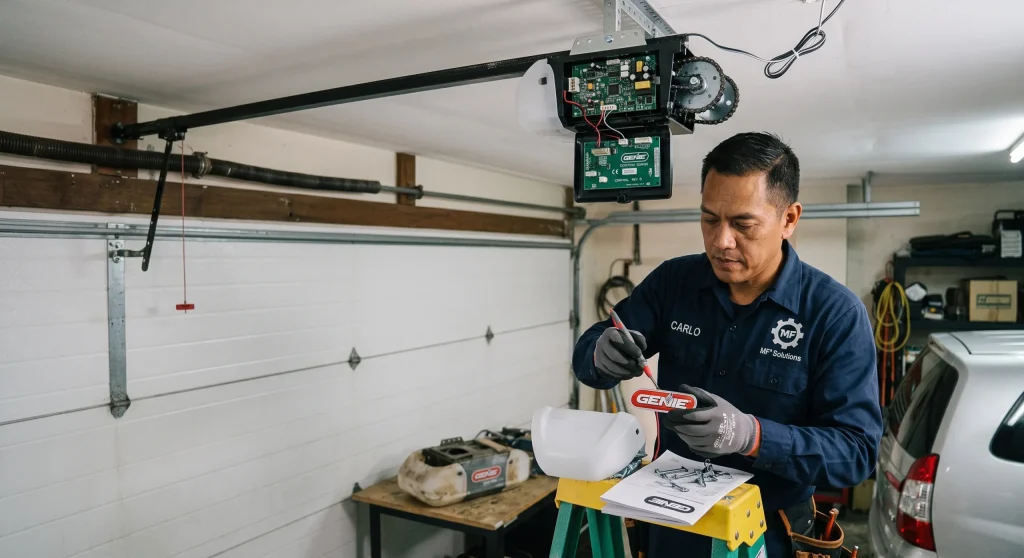 A technician working on an open ceiling-mounted drive unit during a garage door opener battery replacement.