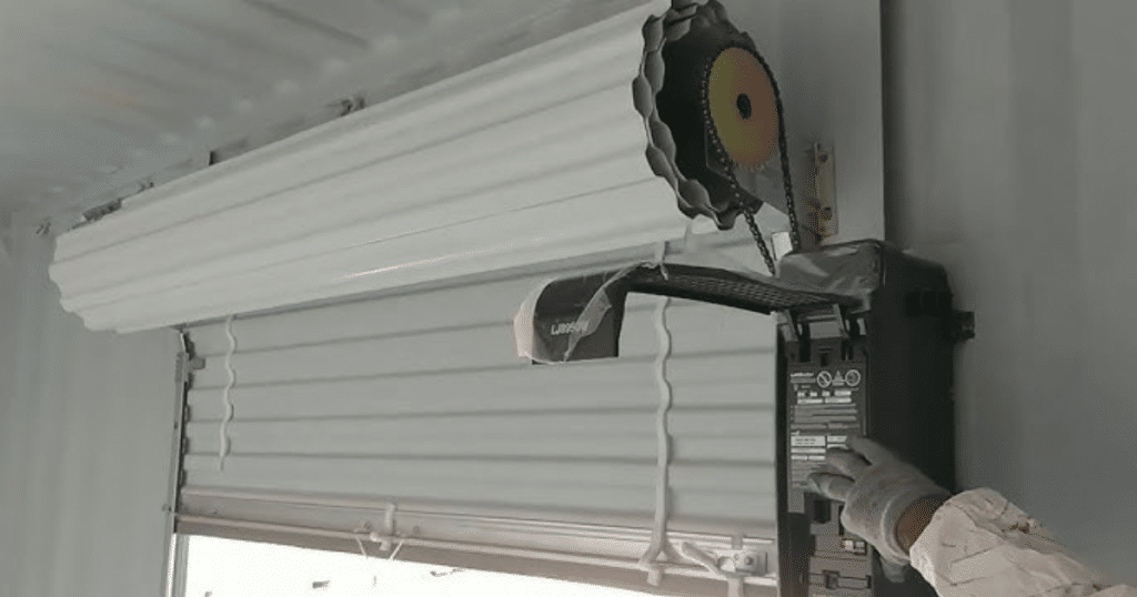 Roll-up garage door motor being tested.