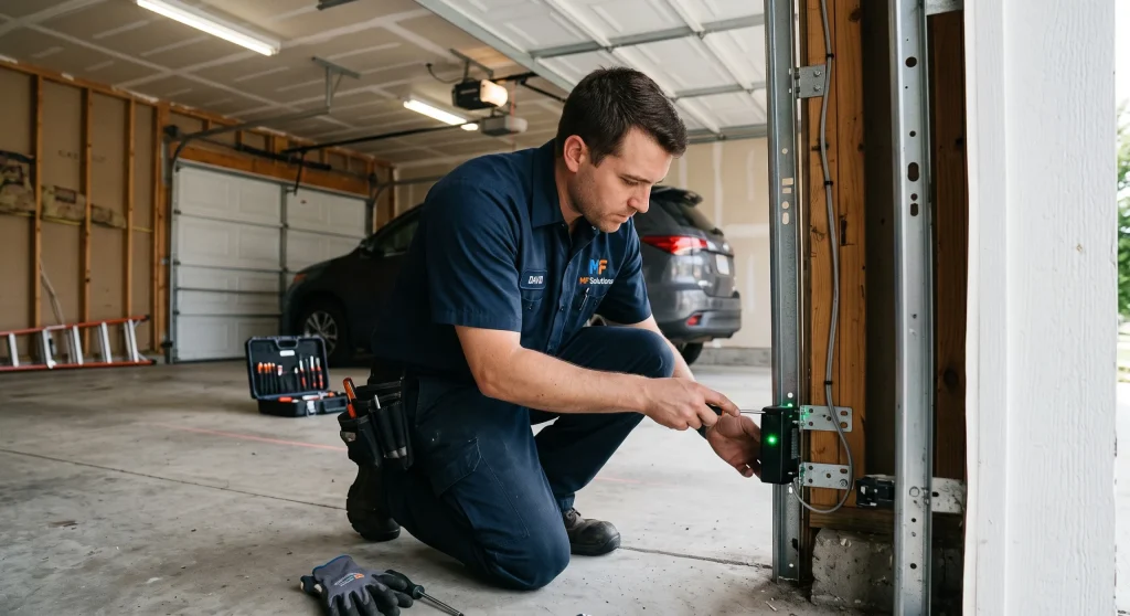 A technician adjusting a safety sensor unit until should Garage Door Sensors Be Green.