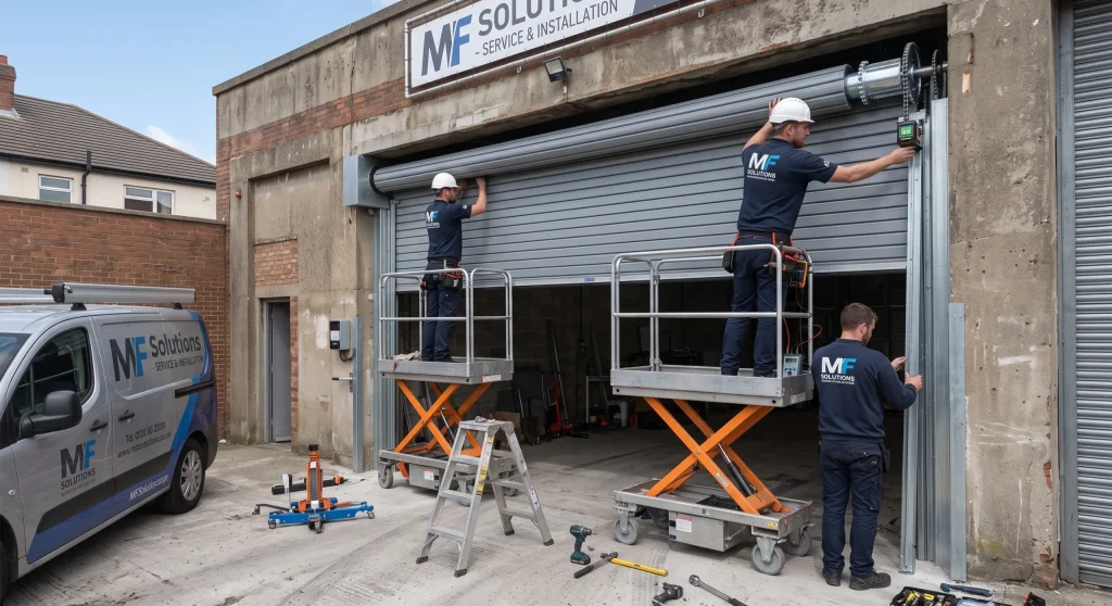 Three technicians using scissor lifts and hand tools to install a metal Roll-Up Garage Door.