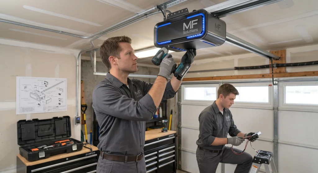 Two technicians making physical and electrical adjustments to fix a Garage Door Opener Misalignment.