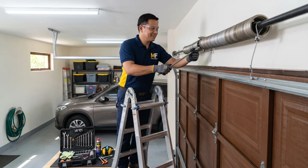 A technician using hand tools on a step ladder to repair a broken garage door torsion spring.