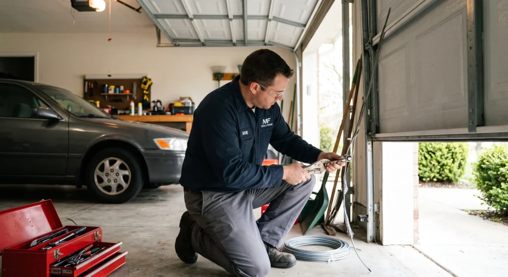 A technician using locking pliers to replace a frayed cable next to a tool chest for Fast Garage Door Repairs.