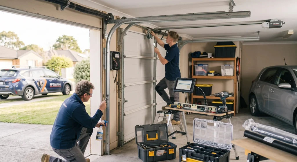 Two technicians adjusting track alignment and lubricating side rollers during a Garage Door Repair in Niles, IL.