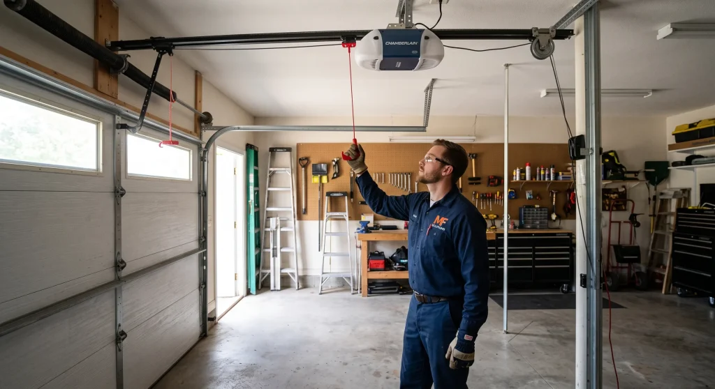 A technician reaching up to pull an emergency cord when a Garage Door Manual Release Gets Stuck.