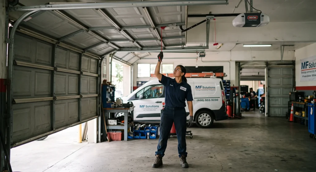 A technician reaching up to adjust a cord inside a workshop when a Garage Door Manual Release Is Stuck.