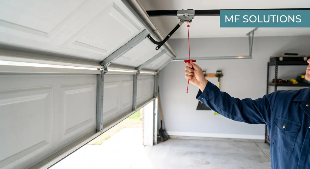 A hand pulling the red emergency release cord on a trolley, illustrating how a garage door enters manual mode.