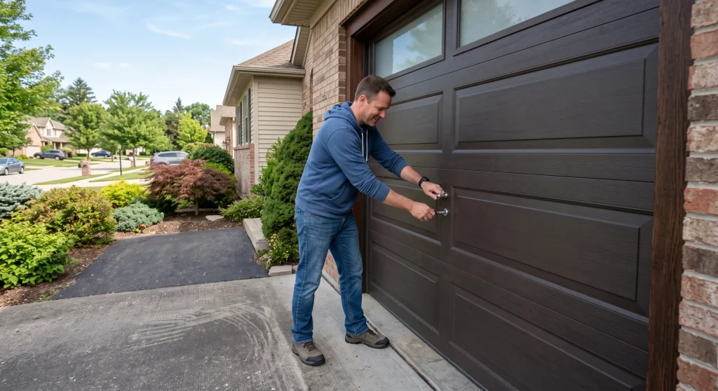 A homeowner inspecting dark woodgrain panels to show how Garage Door Panel Heights Vary by Door Type.