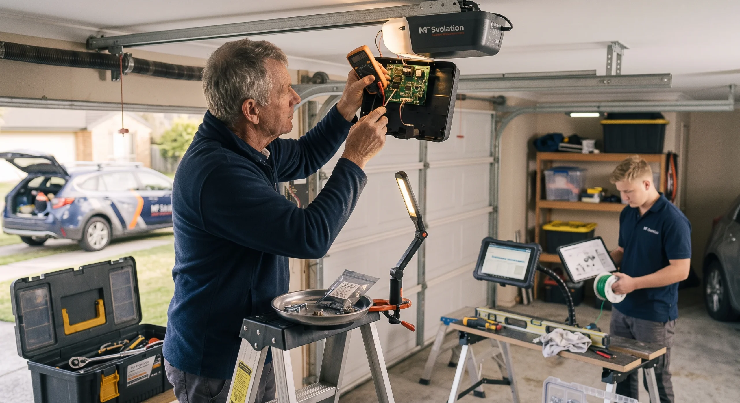 A technician using a multimeter on an exposed circuit board during Resetting a Smart Garage Door Opener.