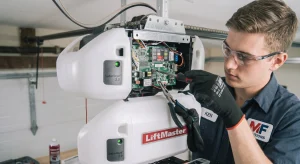 A technician using a screwdriver on the open logic board of a motor unit during Smart Garage Door Opener Repair.